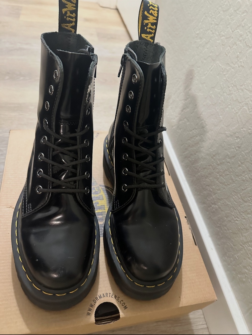 Dr. Martens Jadon Black smooth Leather 8-Eye Lace-Up Boots with Yellow Stitching